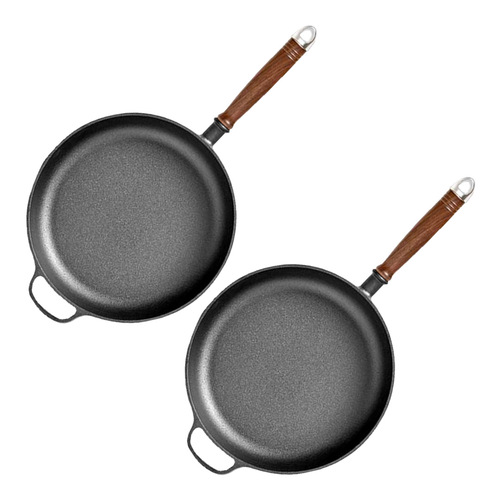  2X 29cm Round Cast Iron Frying Pan Skillet Steak Sizzle Platter with Helper Handle