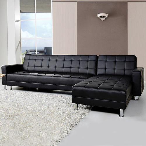 Abram Corner Faux Leather Sofa Bed Couch with Chaise - Black