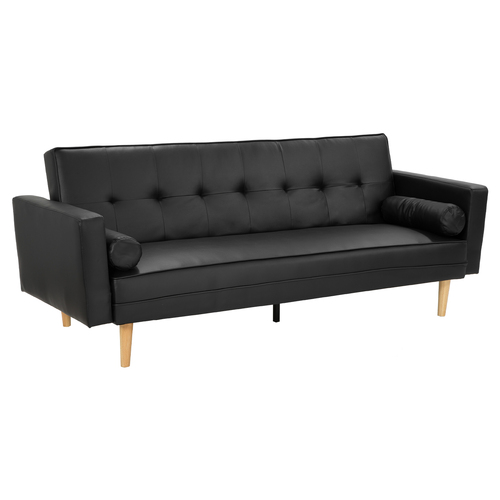 Bethel 3 Seater Faux Leather Sofa Bed Couch with Pillows - Black
